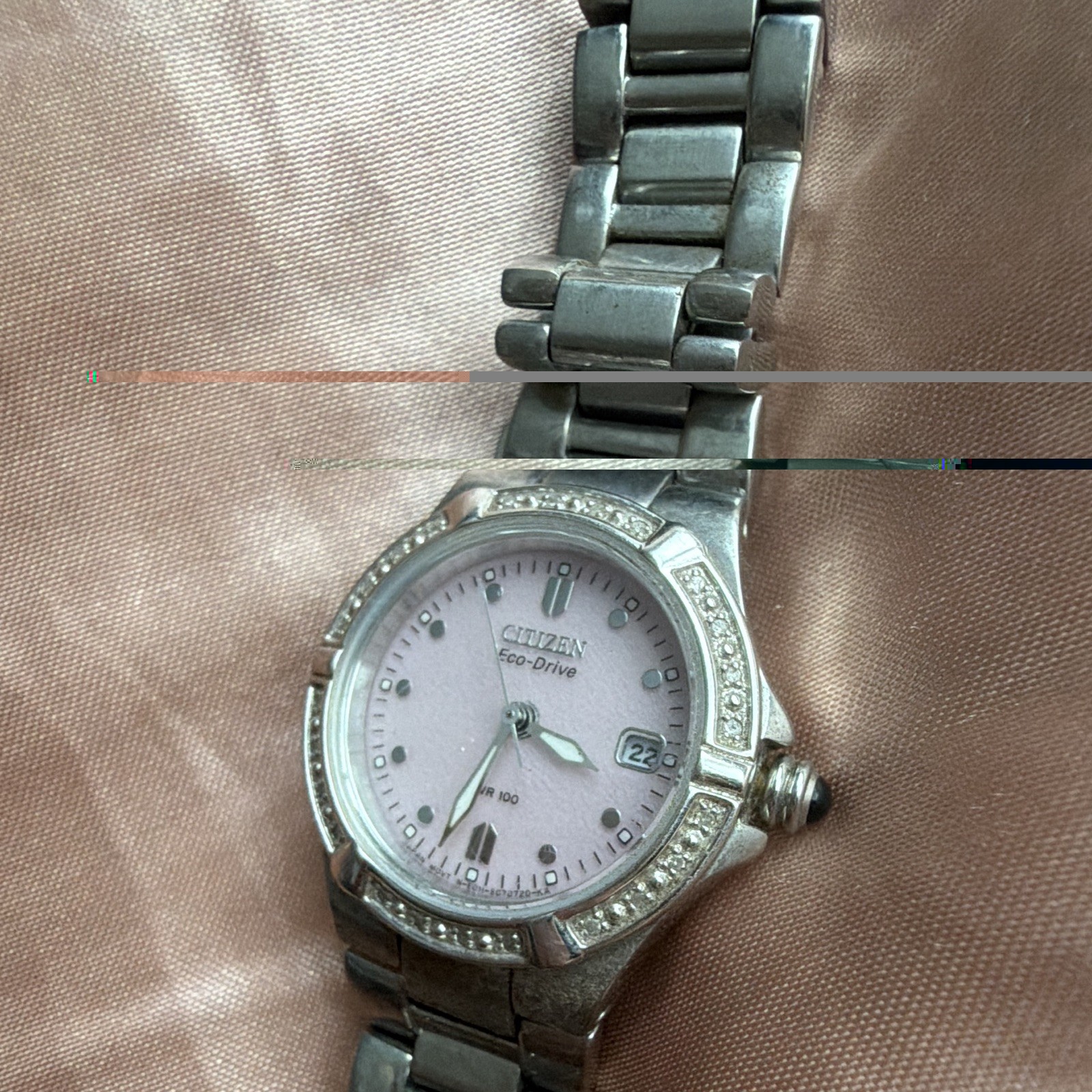 Citizen Eco-Drive Women’s Pink Dial Date Silver SS diamond Bracelet Watch WR100