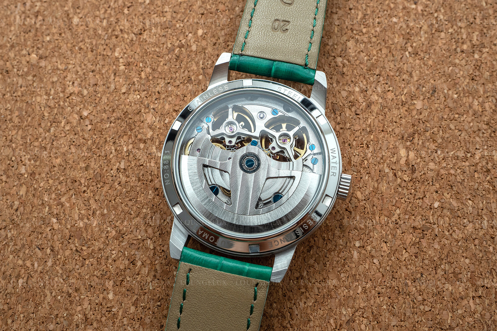 Mens Double Flywheel Automatic Mechanical Watch Silver White Dial Green Leather