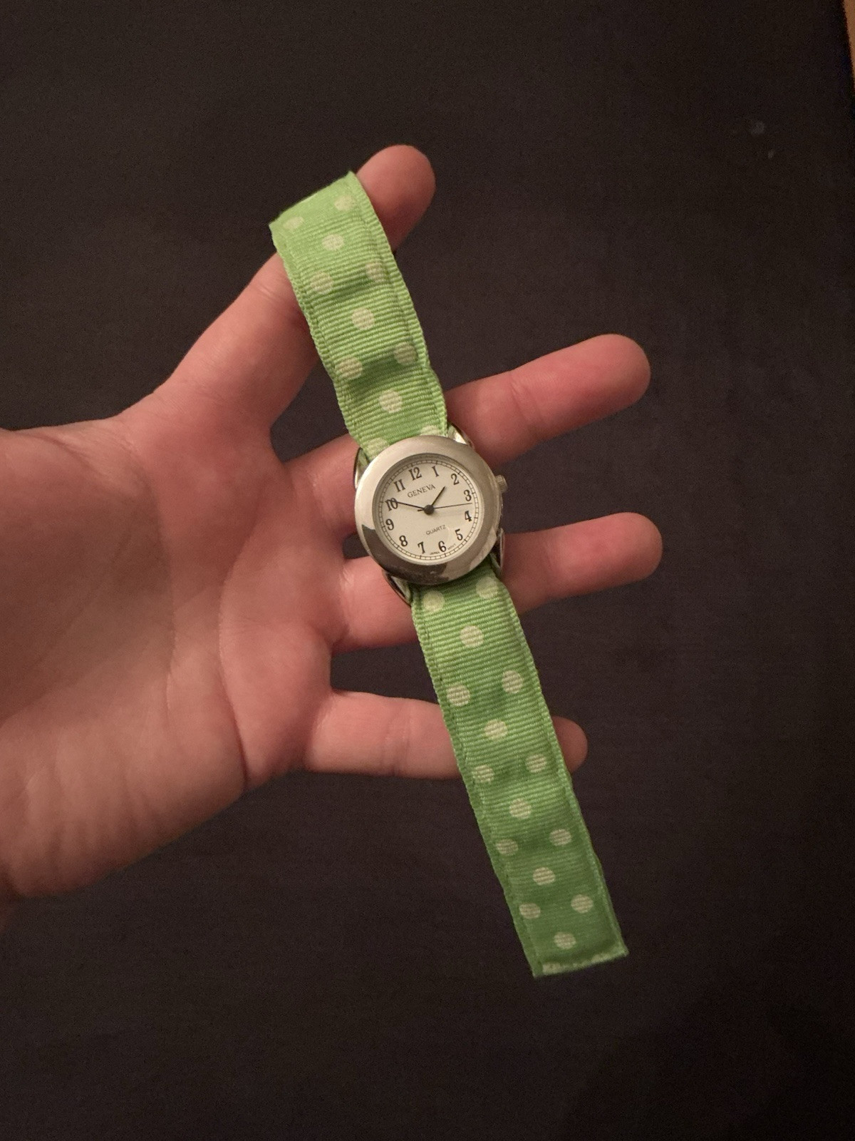 Geneva Silver Tone Vintage Watch Green And White Polka Dot Strap New Battery