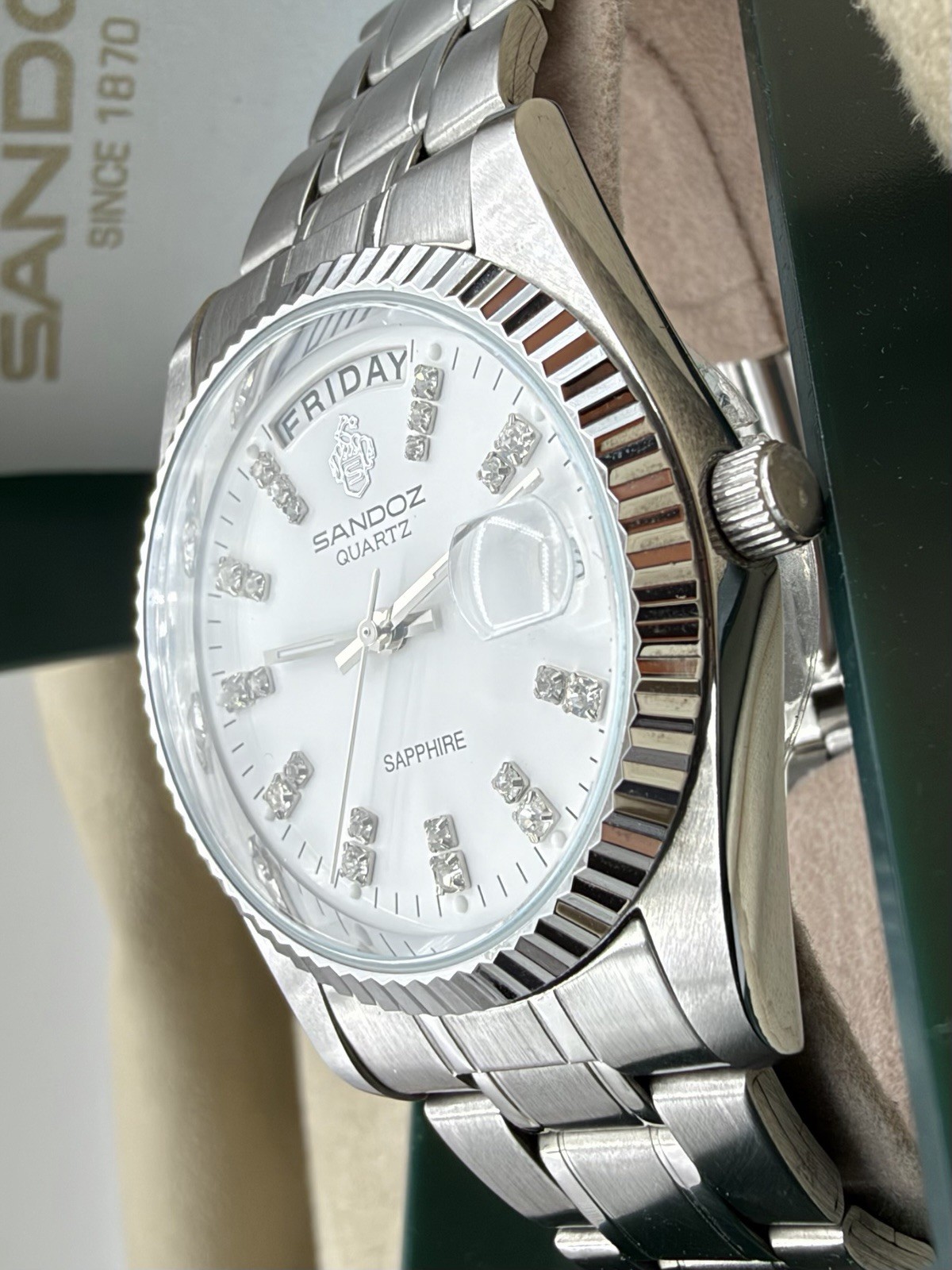 RARE! SANDOZ QUARTZ PRESIDENT Silver Sapphire Diamond WHITE Dial Watch NOS BOX