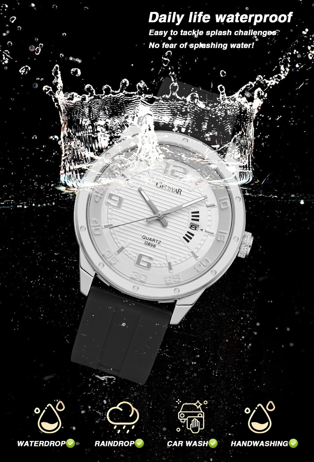 Stylish Waterproof Military Quartz Watch for Men, Big Face Silicone Band, Sports