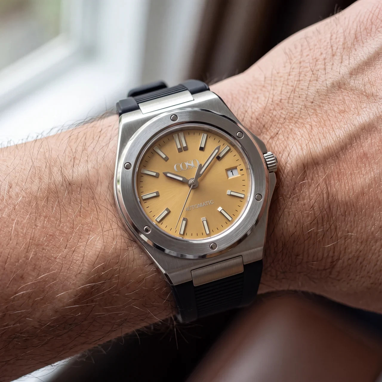 COSO Valtor Automatic Yellow Dial Steel Black Rubber Strap