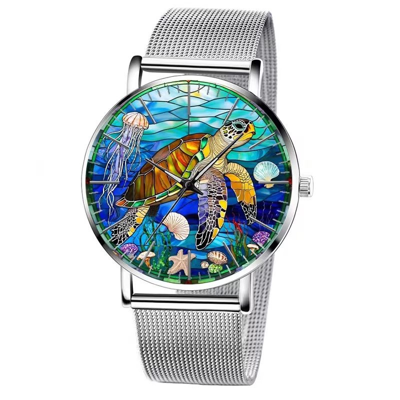 Intricate Stained Glass Sea Turtle Underwater Print Wrist Watch