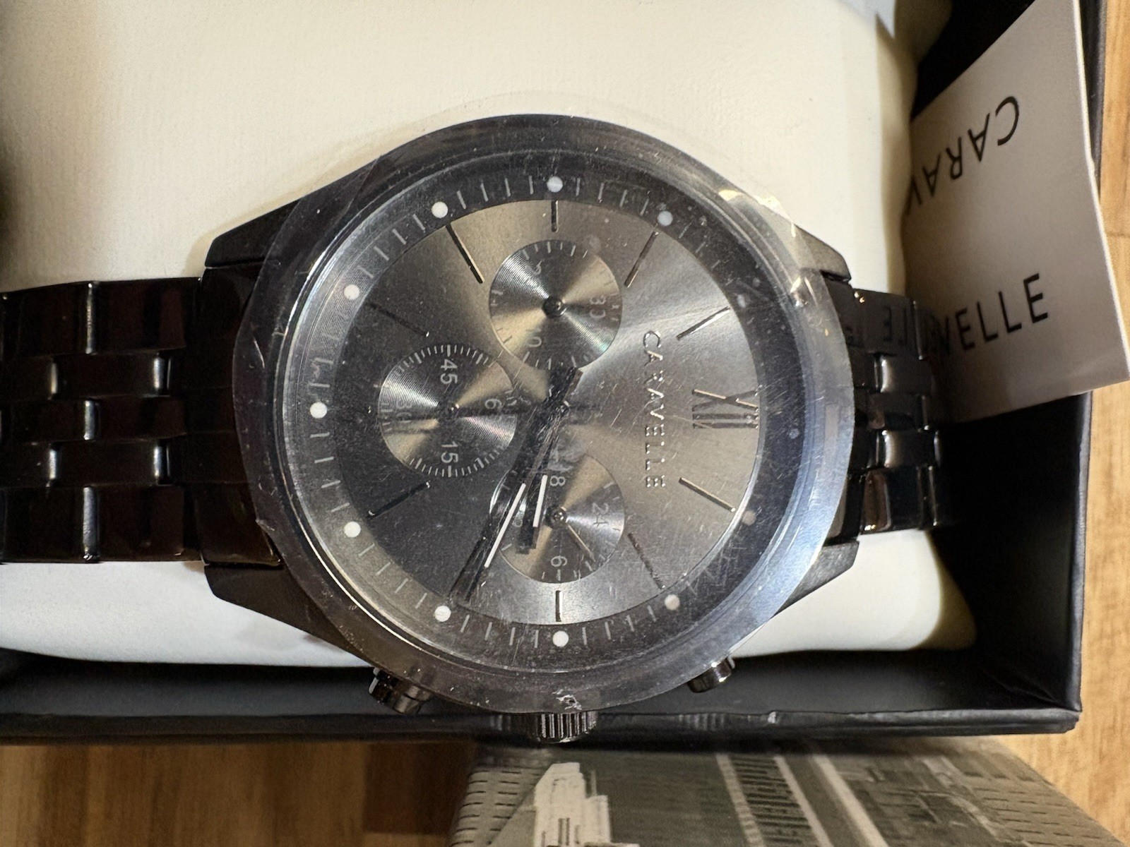 Caravelle Men’s Quartz Chronograph Gray Dial Black Metal Bracelet w/ Box