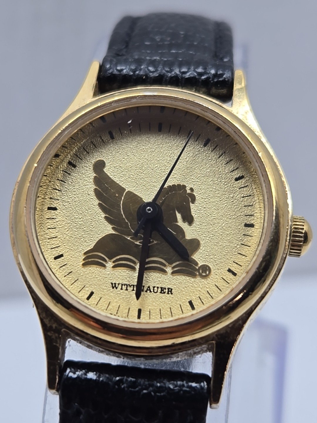 Vintage Wittnauer Pegasus Quartz Dress Watch New Battery Gold Tone Leather Women
