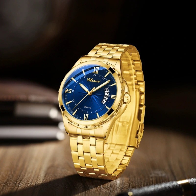 CHENXI Men’s Gold Business Day/Date Calendar Luminous Waterproof Quartz Watch