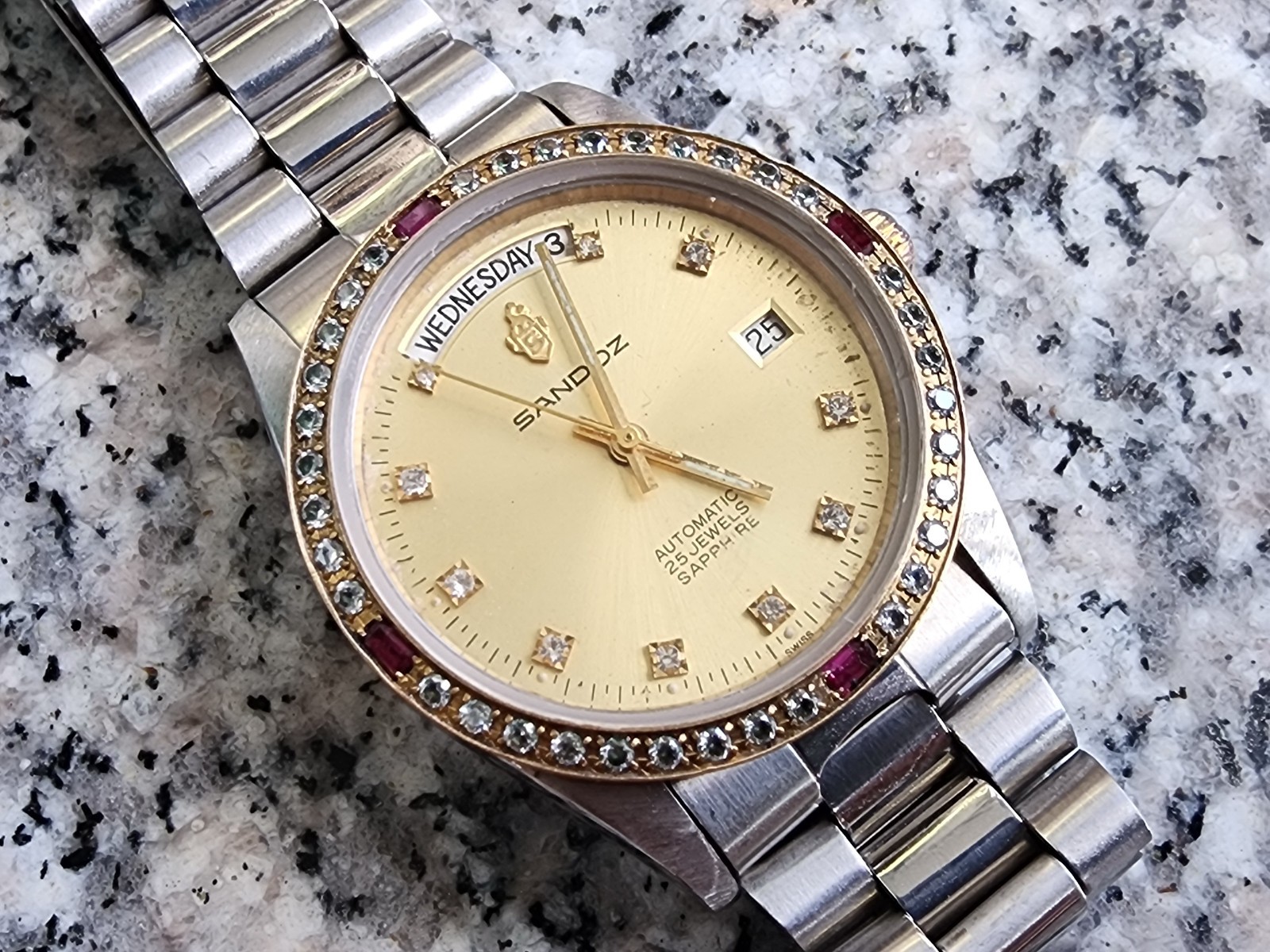 Rare Vintage Sandoz Automatic ETA Movement Gents Gold Dial Day Date Style 2834-2