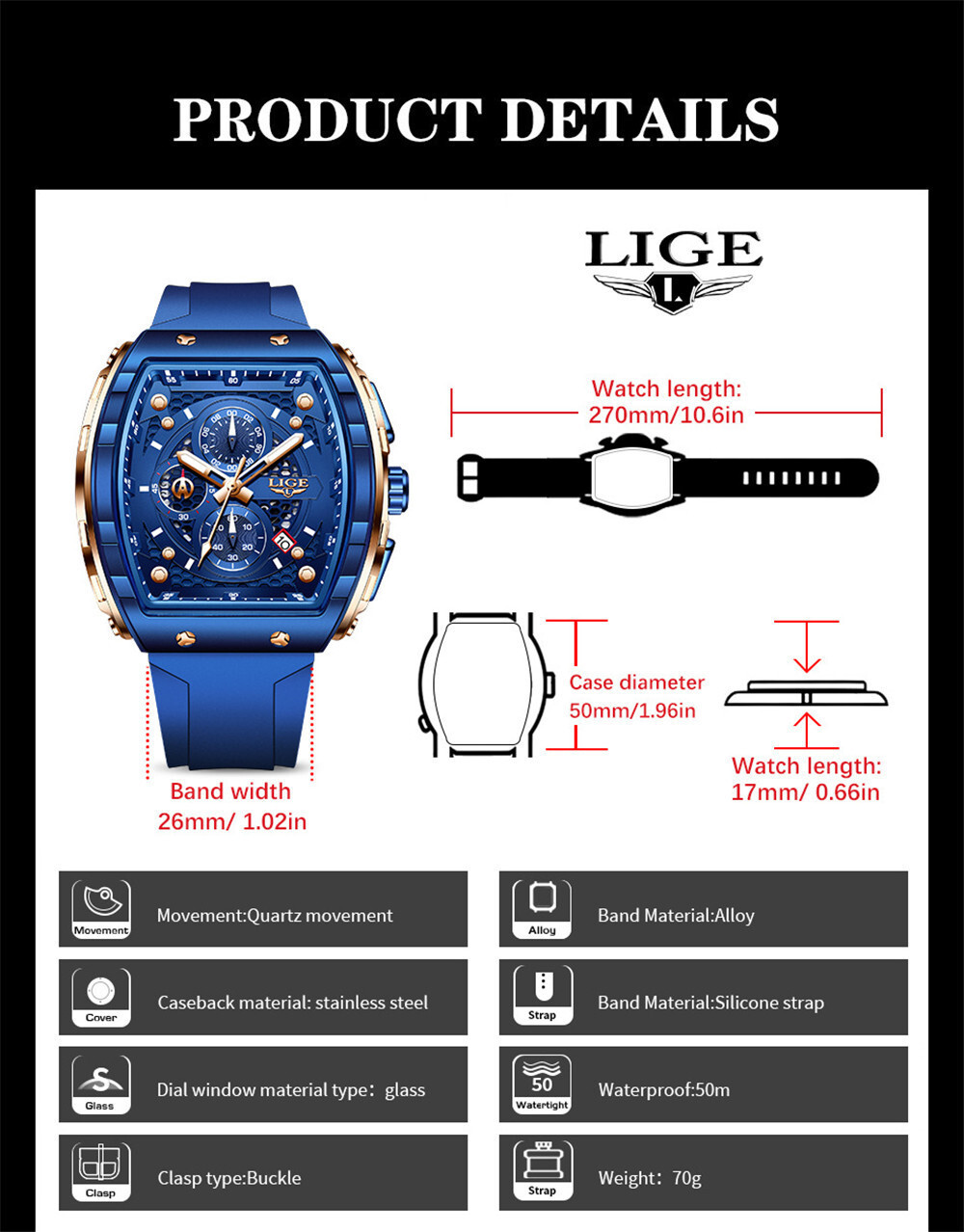 LIGE Men Quartz Watch Rectangle Wristwatch Chronograph Males Date Sport Watches