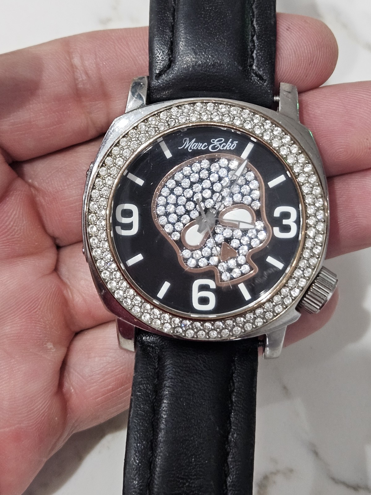 Marc Ecko Watch Black Genuin Leather And Crystals Skull new battery. Runs Good