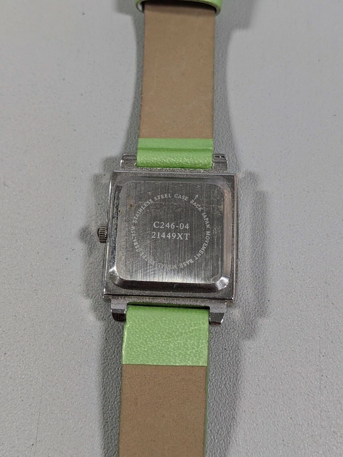 Green Dial Silver Tone Square Case 24 mm Green Faux Leather Band Watch 8 Inch