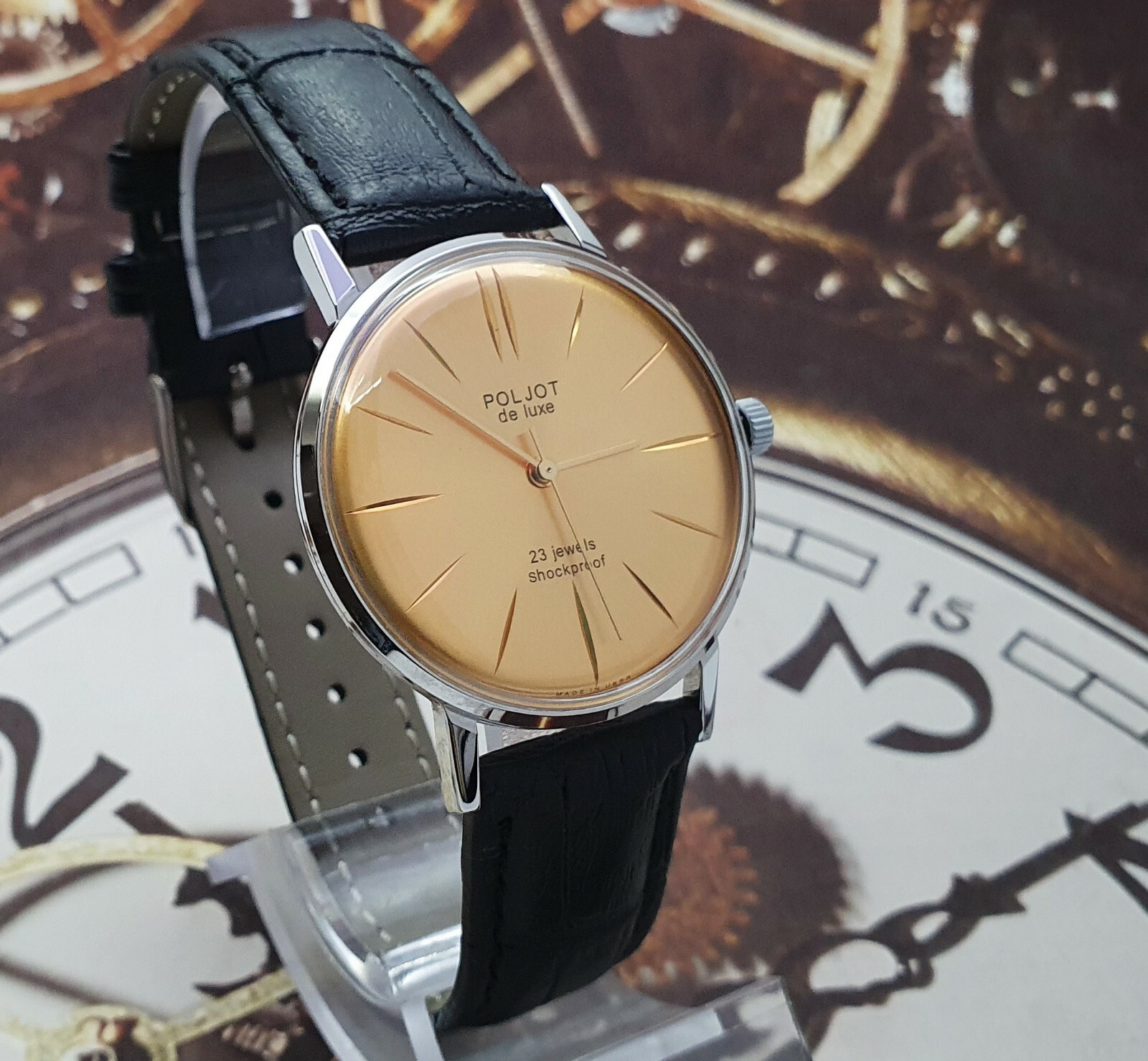 Poljot De Luxe ULTRA SLIM 2209 Gold Dial Mechanical Watch Vintage Style USSR