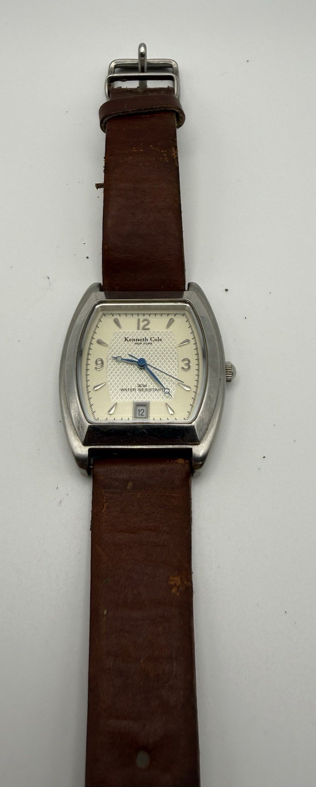 Kenneth Cole Quartz New York Tonneau SS Brown Leather Silver Dial Date 30m