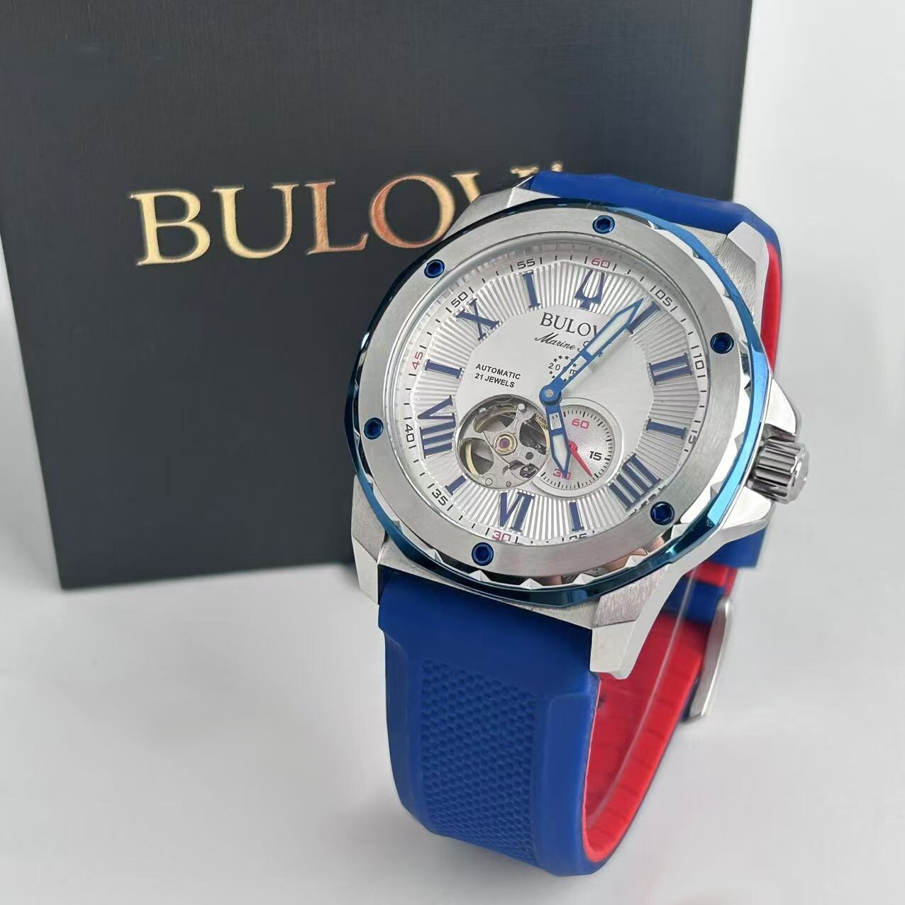 Bulova Marine Star 98A225 White Dial Red/Blue Rubber Strap Men’s Automatic Watch
