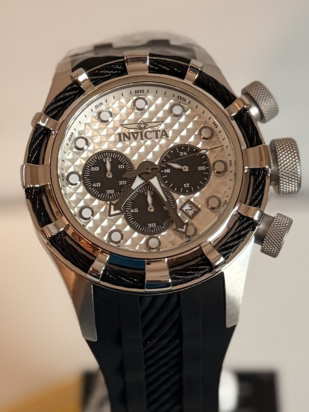 Invicta Men’s Watch Bolt Chronograph Antique Silver and Black Dial Strap 49163