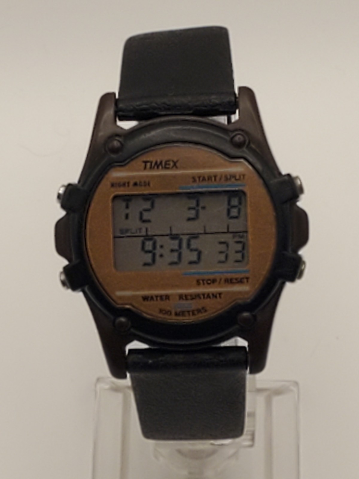 Timex Watch Men 100m Plastic Brown Light Alarm Date Black Rubber Band Quartz