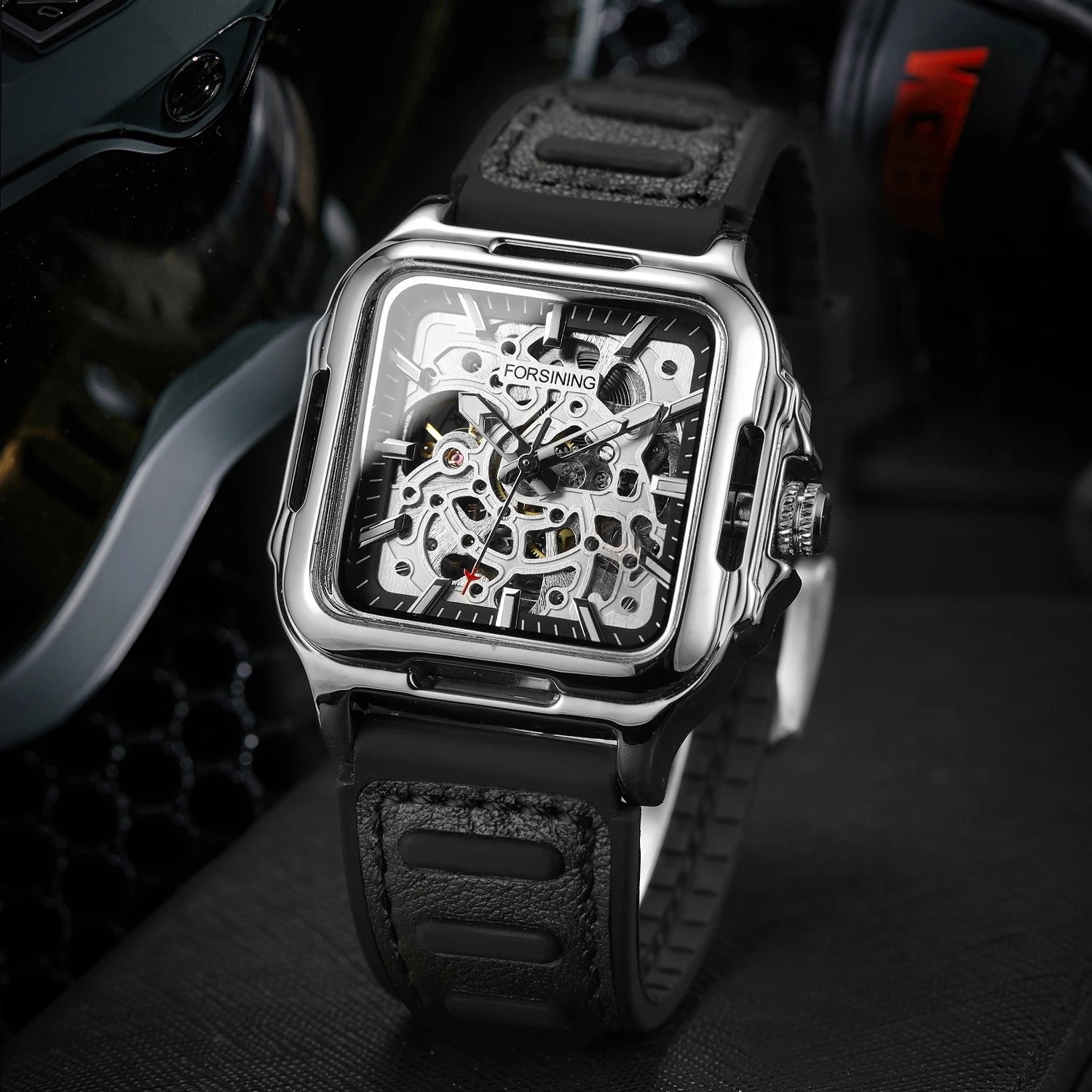 Forsining Hollow Engraving Men’s Automatic Mechanical Skeleton Watch Cool Sport