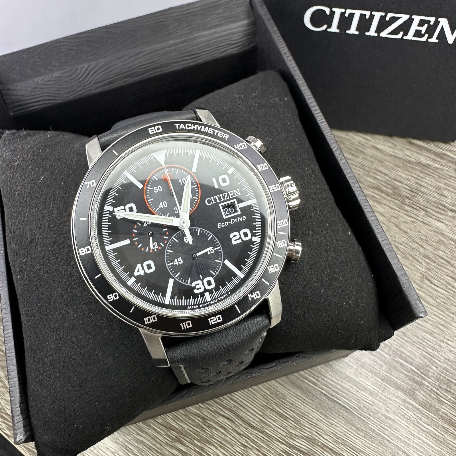 NEW✅TACHYMETER✅ Citizen Eco-Drive Brycen Black Leather Men’s Watch CA0649-14E