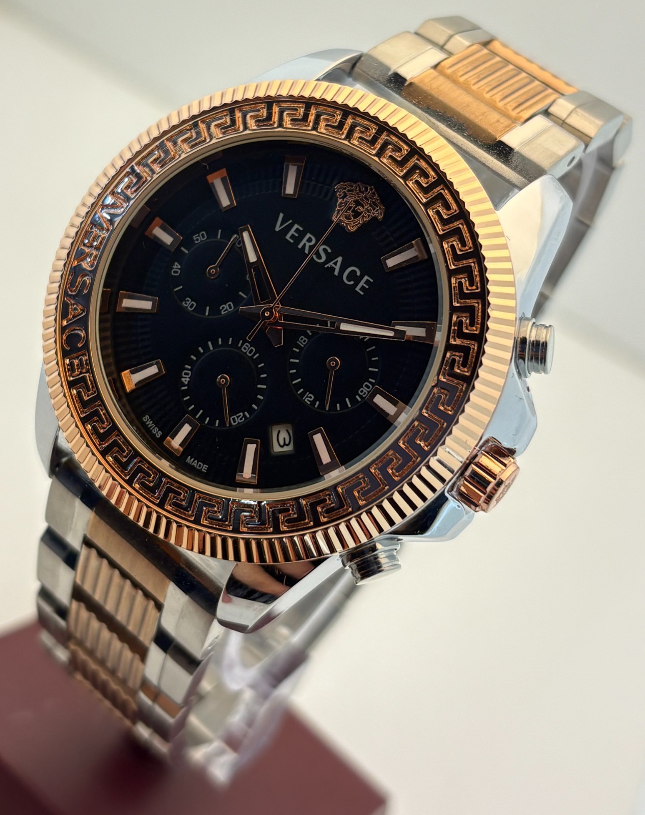 Refurbished Versace Greca Action Chrono Quartz Black Dial Two-Tone Wristwatch