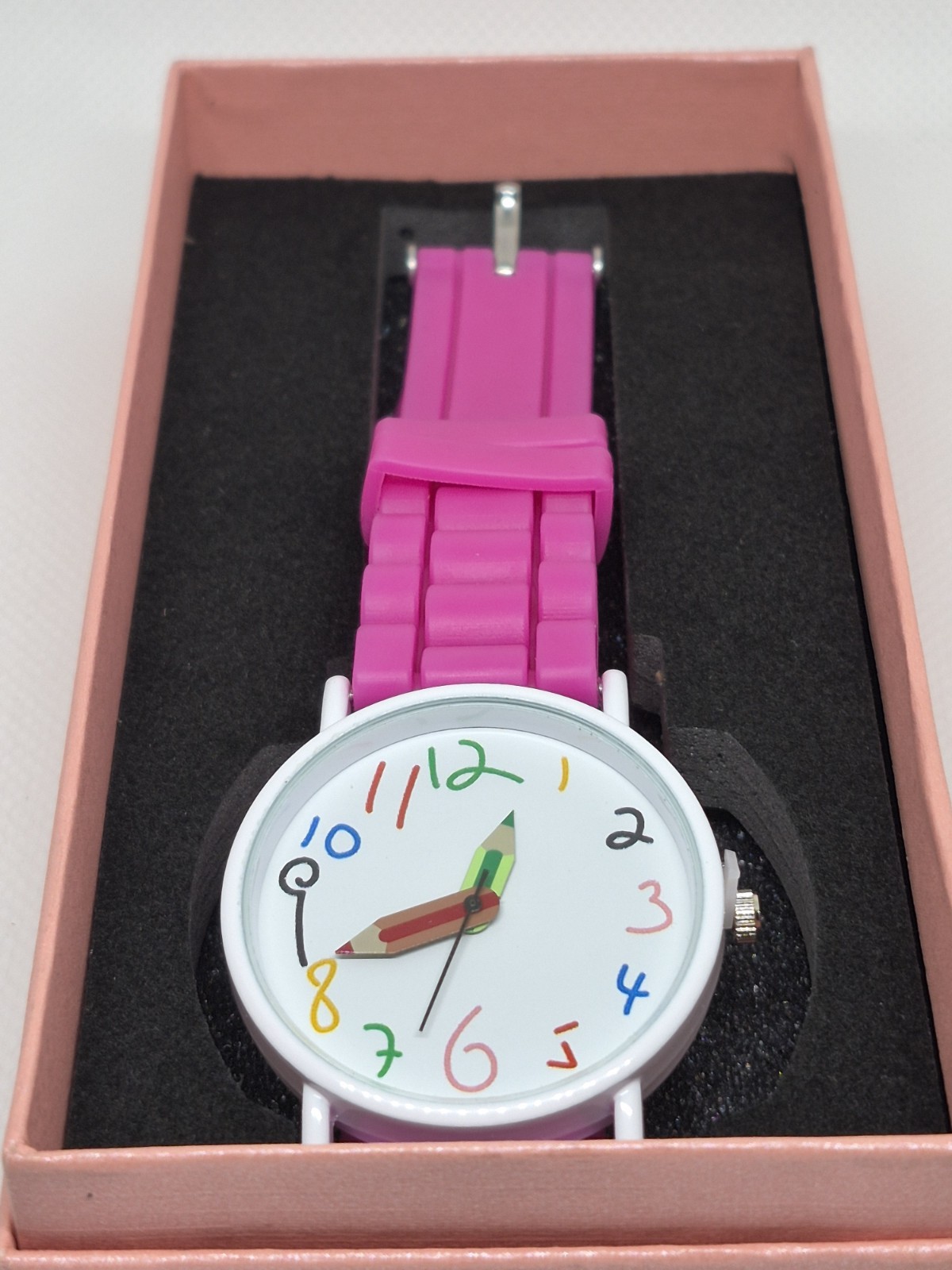 Quartz Analog Wristwatch Pink Silicone Strap White/Multicolor Dial Arabic Box