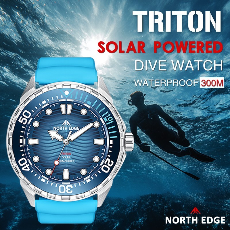 NORTH EDGE TRITON Solar Powered Dive Watch Quartz Watch Men 316L Stainless case