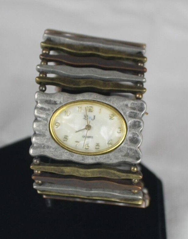 L & J Watch Silver Bronze Earth Tones Boho Woman Bracelet Oval Stretch Metal