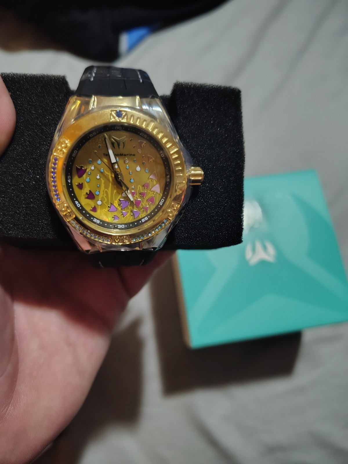 TechnoMarine Quartz 40mm 100m Gold Dial Gold/Clear Case Black Rubber Strap Box