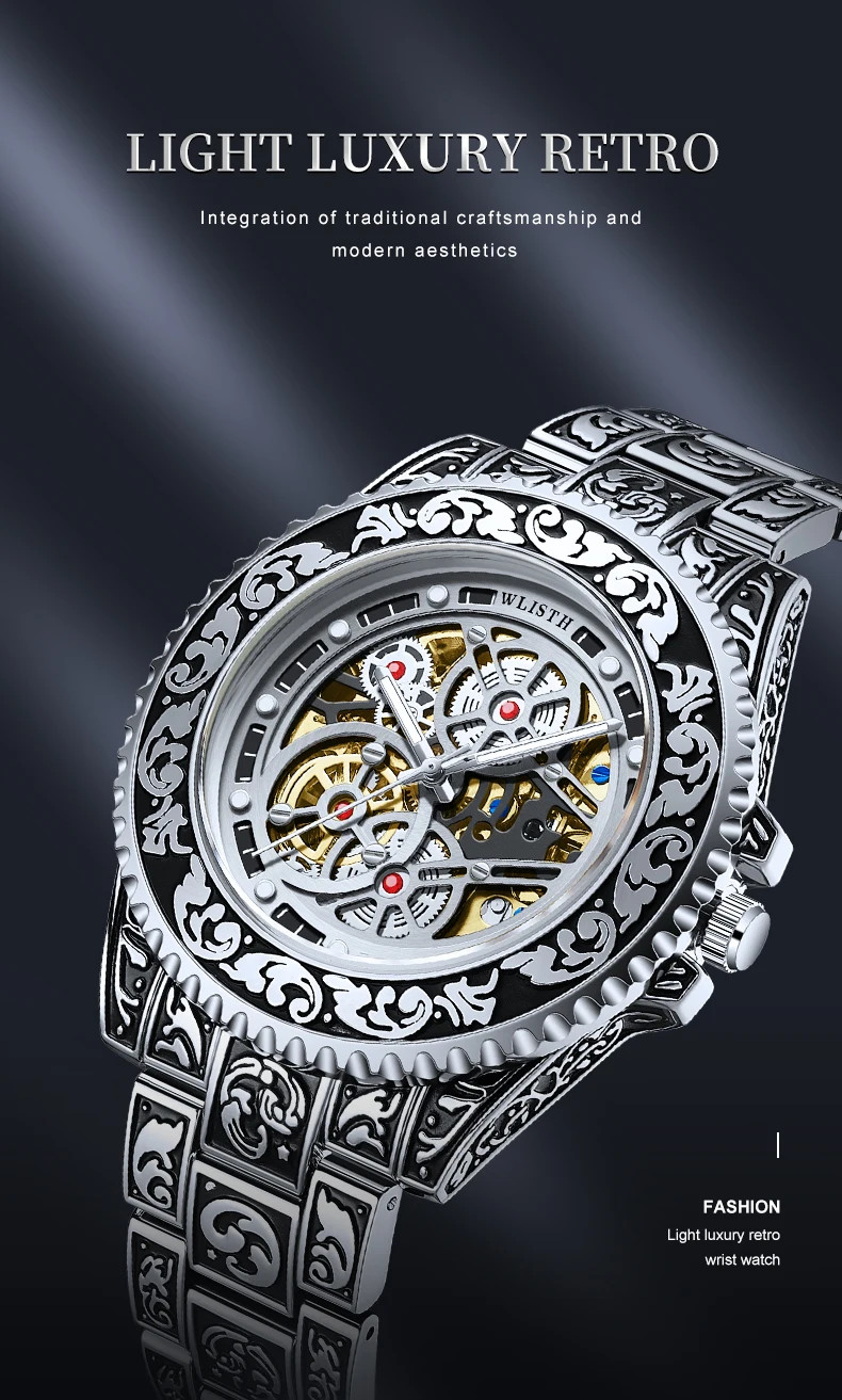 Automatic Mechanical Watch For Men Retro Luminous Stainless Steel Strap Reloj