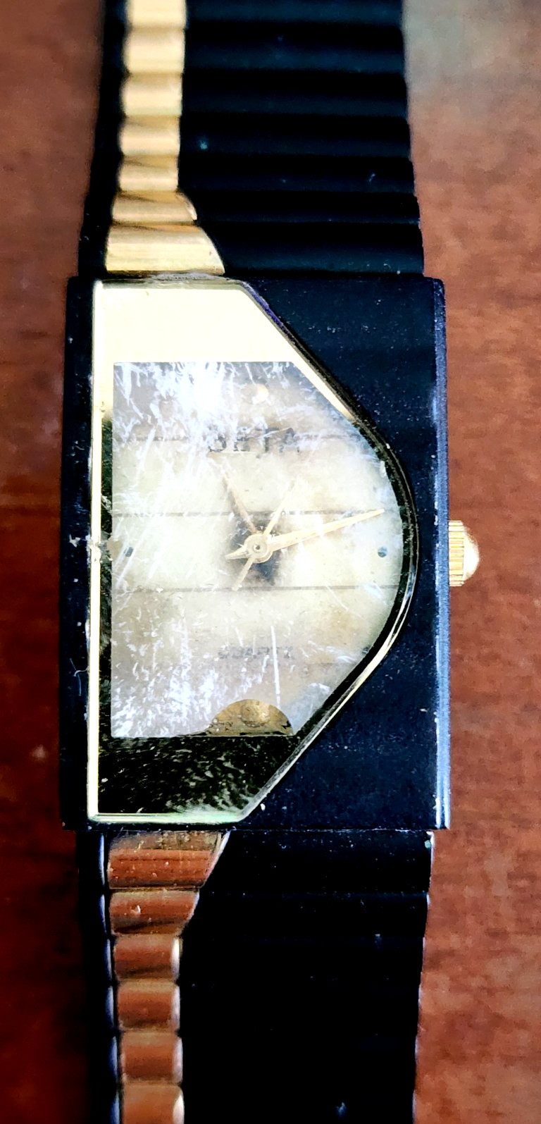 Vintage Black Gold Tone Geometric Dial Watch For Repair Parts