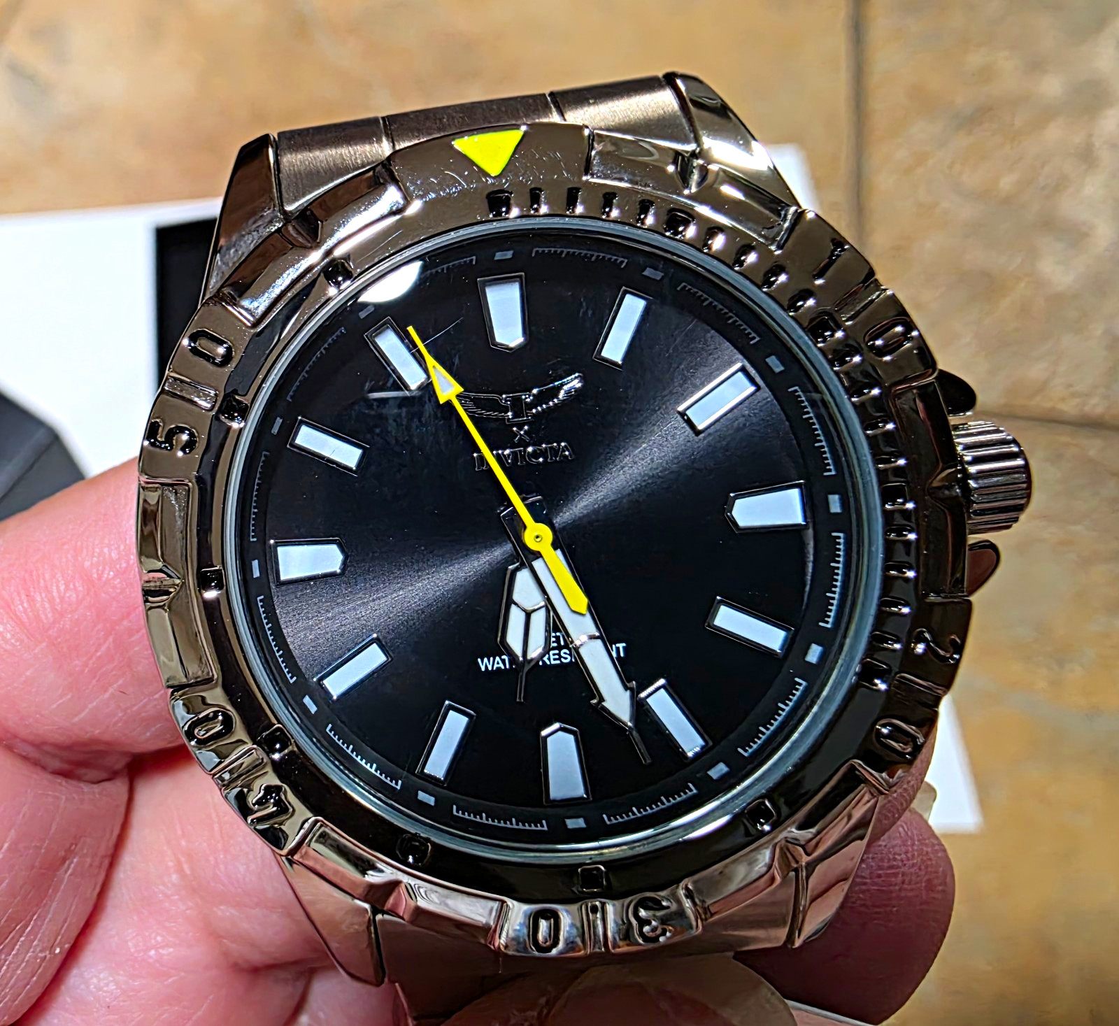 NEW Invicta Men’s Quartz 52mm Black Dial/Yellow Second Hand SS Bracelet 30m