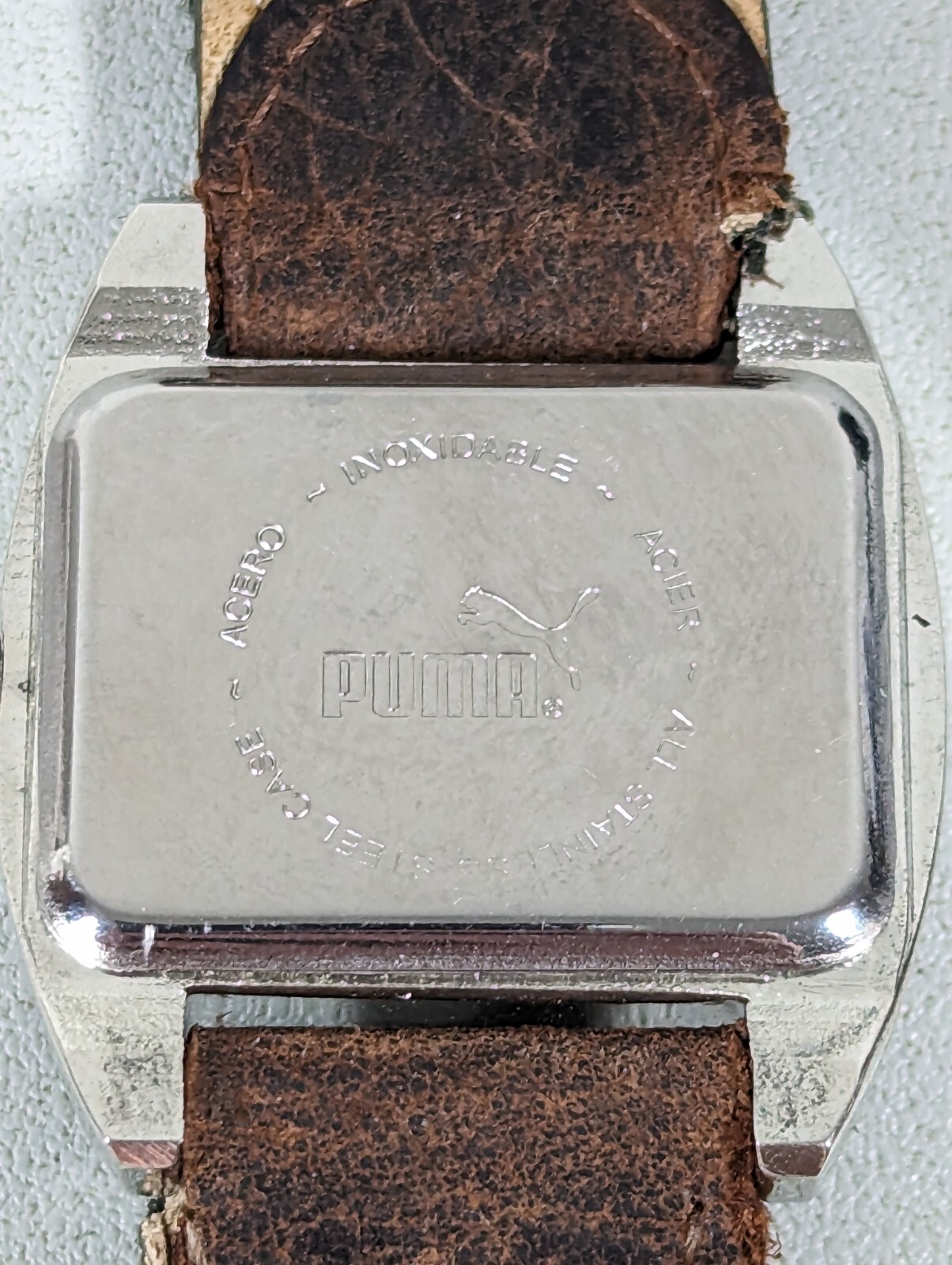 Puma White Dial Silver Tone Rectangle Case Green Canvas Leather Band Watch