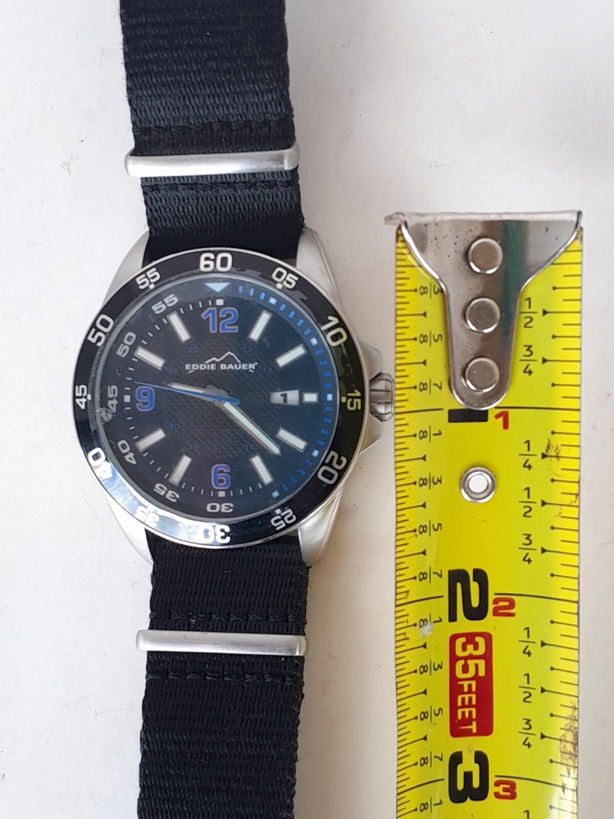 Eddie Bauer Mens Watch – Chunky Black & White Blue – Nylon Wristband 10ATM/100m