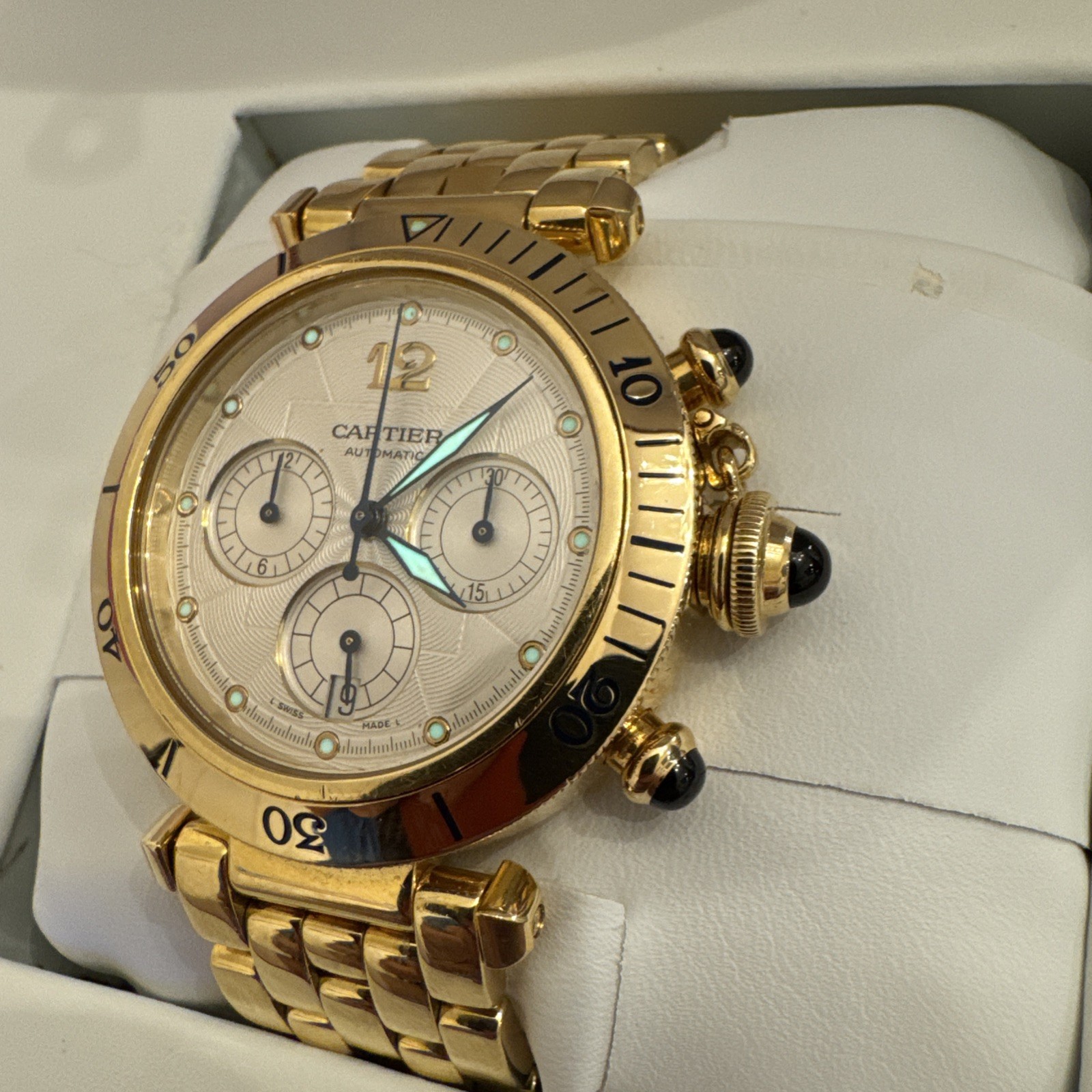 Cartier 18k Gold Pasha 38mm Chronograph Automatic W30140D1 box papers