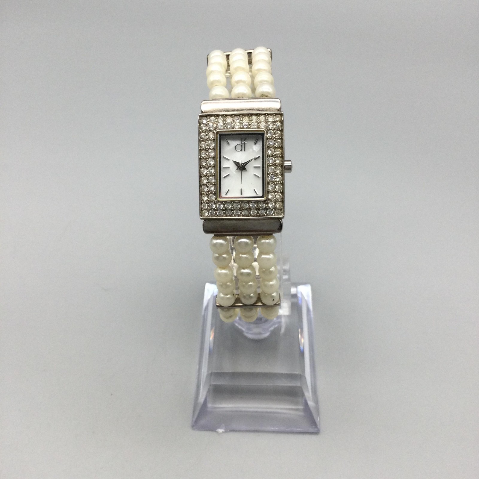 DF Womens Watch 20mm Silver Tone MOP Bracelet Faux Pearl New Battery 7.25″