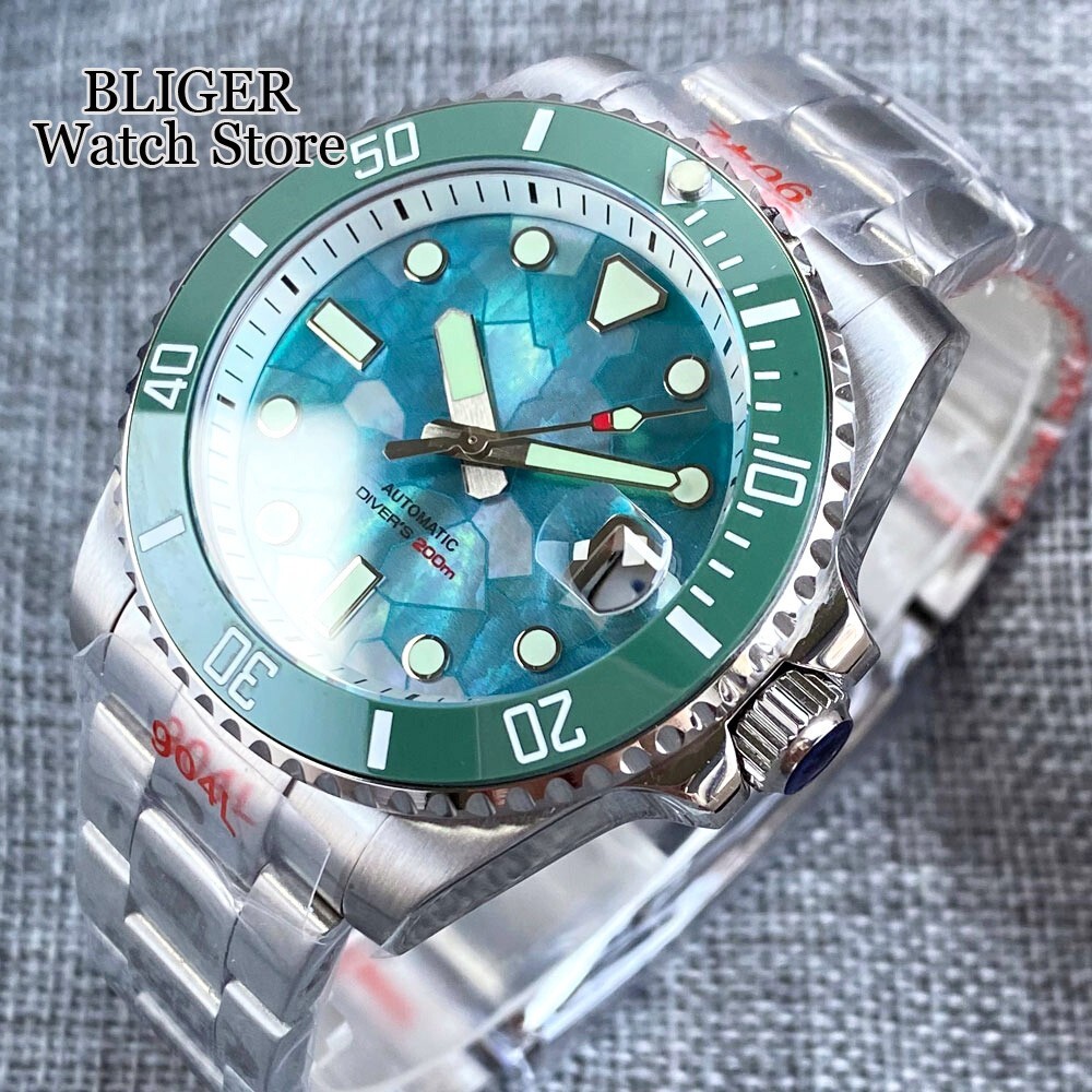 Gloss Shell Dial 200M Waterproof NH35 Men Dive Watch Lume Turquoise Green Steel