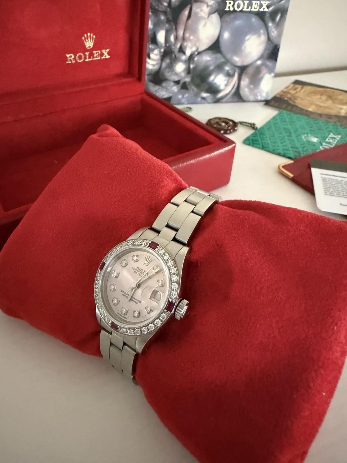 ROLEX Lady Datejust Pink Dial Ruby Diamond 18K White Gold Stainless Steel Watch