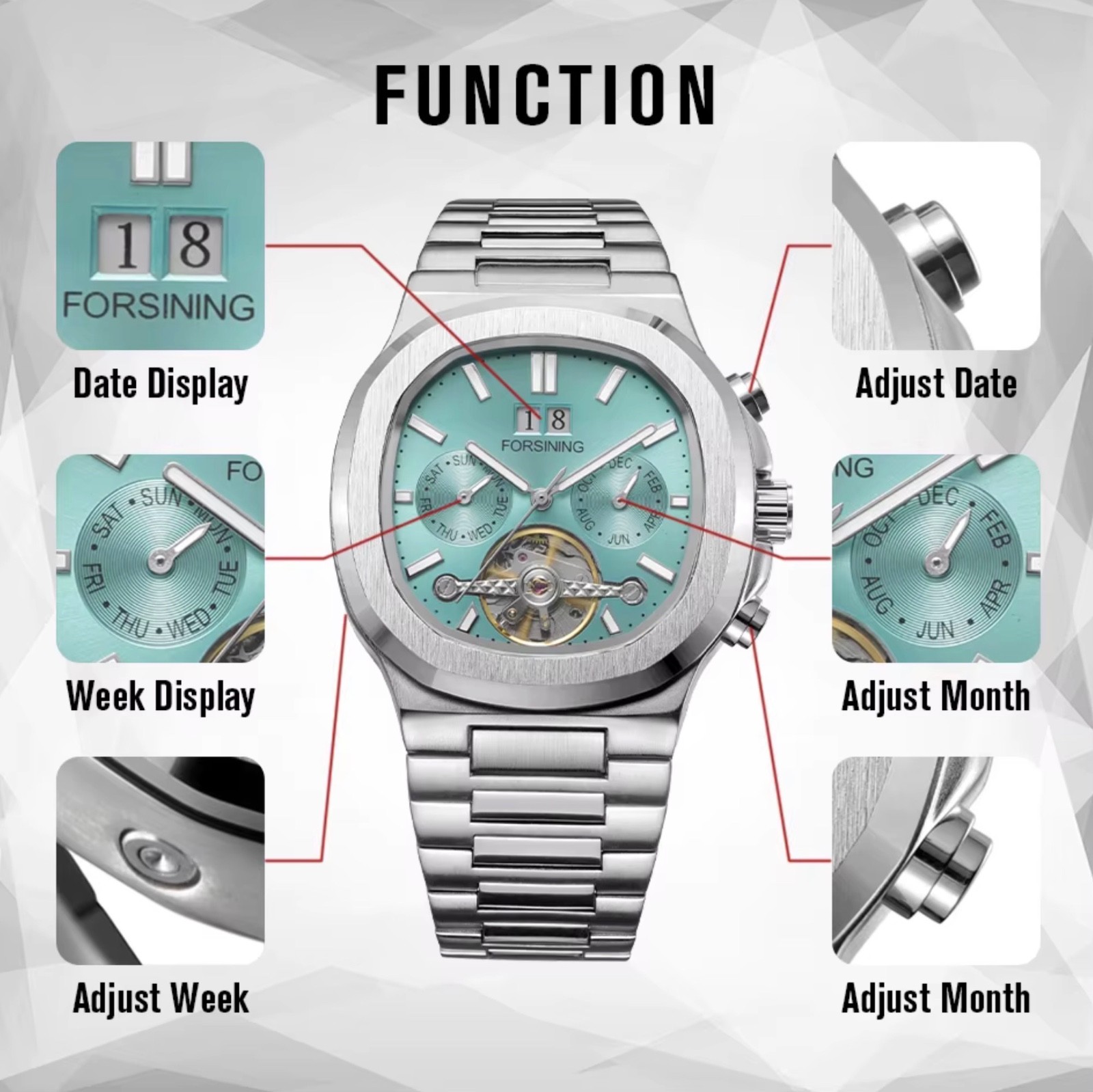FORSINING Brand Tourbillon Men’s Automatic Mechanical Stainless Steel Band Watch