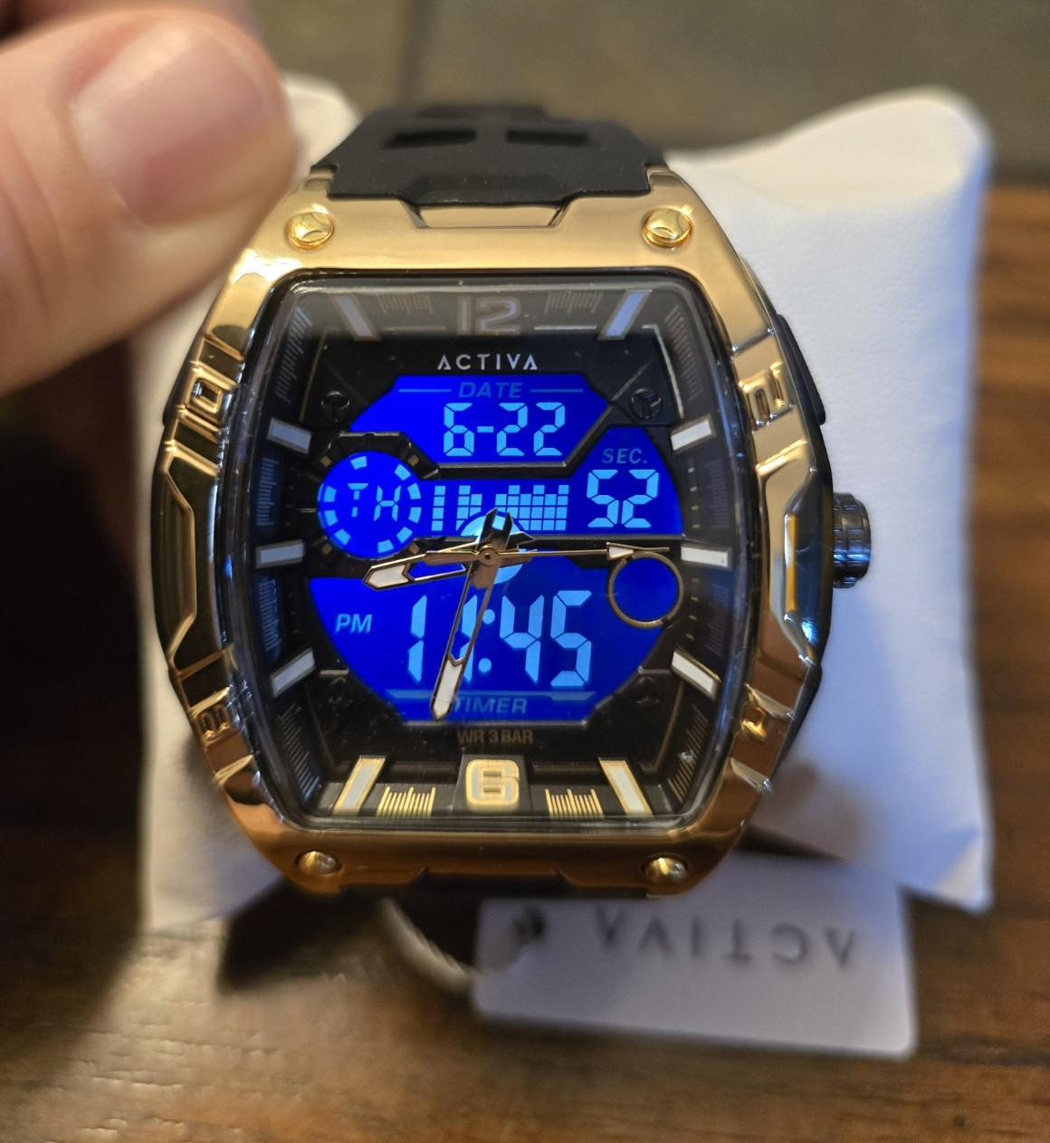 ACTIVA Date Men’s Analog-Digital Quartz Watch Timer, Black Rubber, Gold 50mm