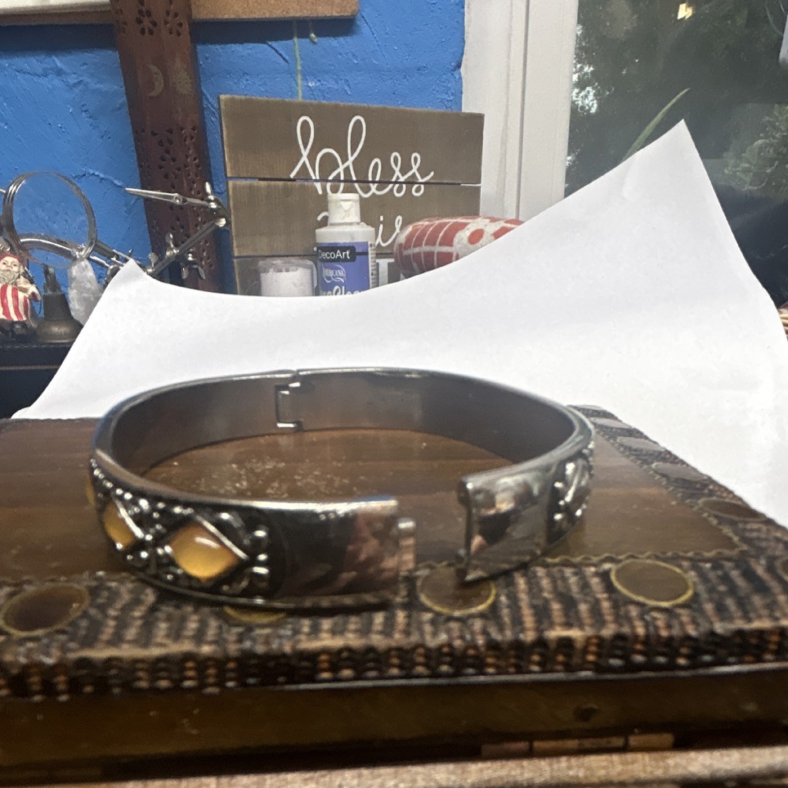 Vintage Women’s Silver Tone Bangle Quartz Analog Rectangle Watch Orange Accents