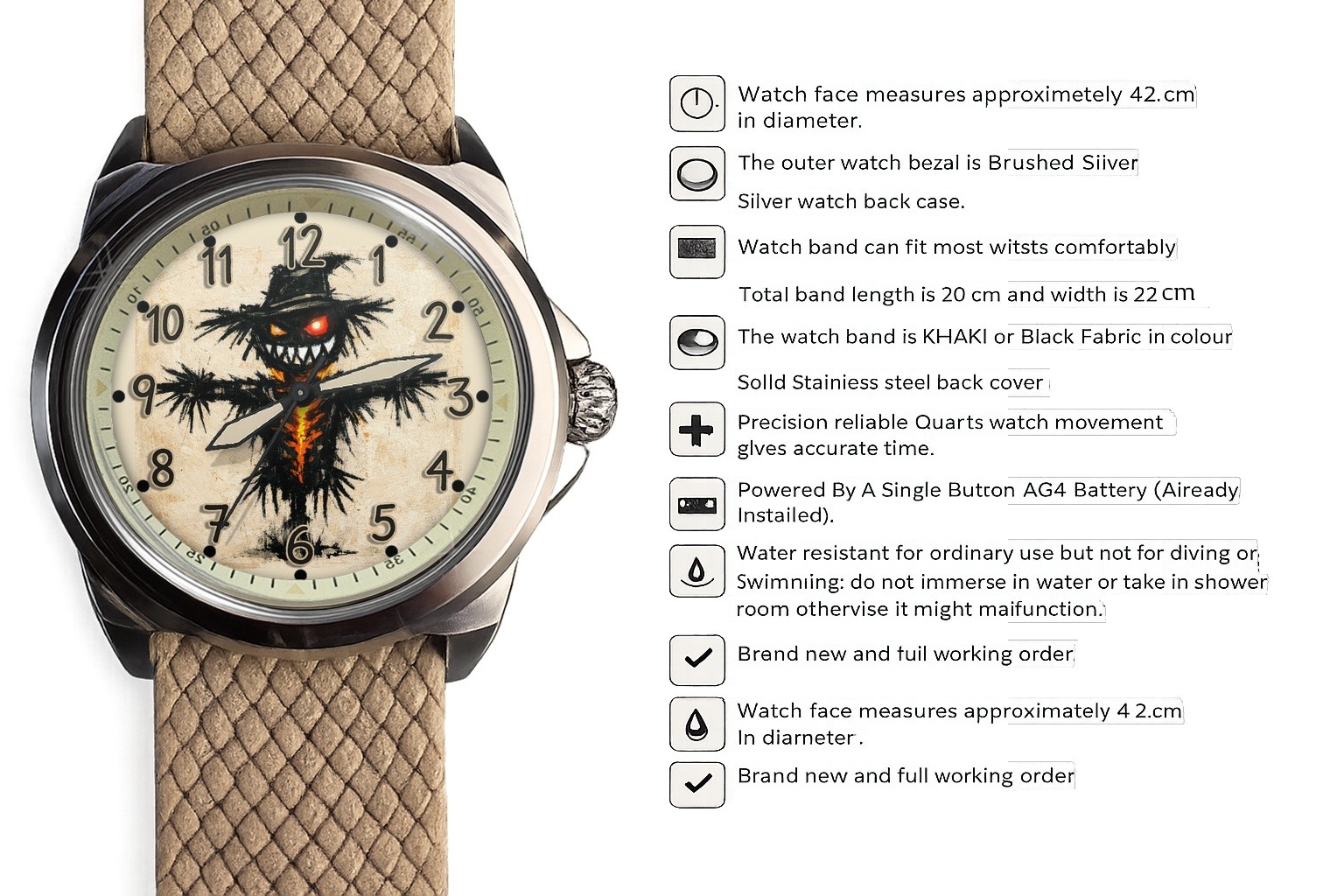 Scarecrow Halloween Pop Art Khaki Fabric Strap Wrist Watch Boxed
