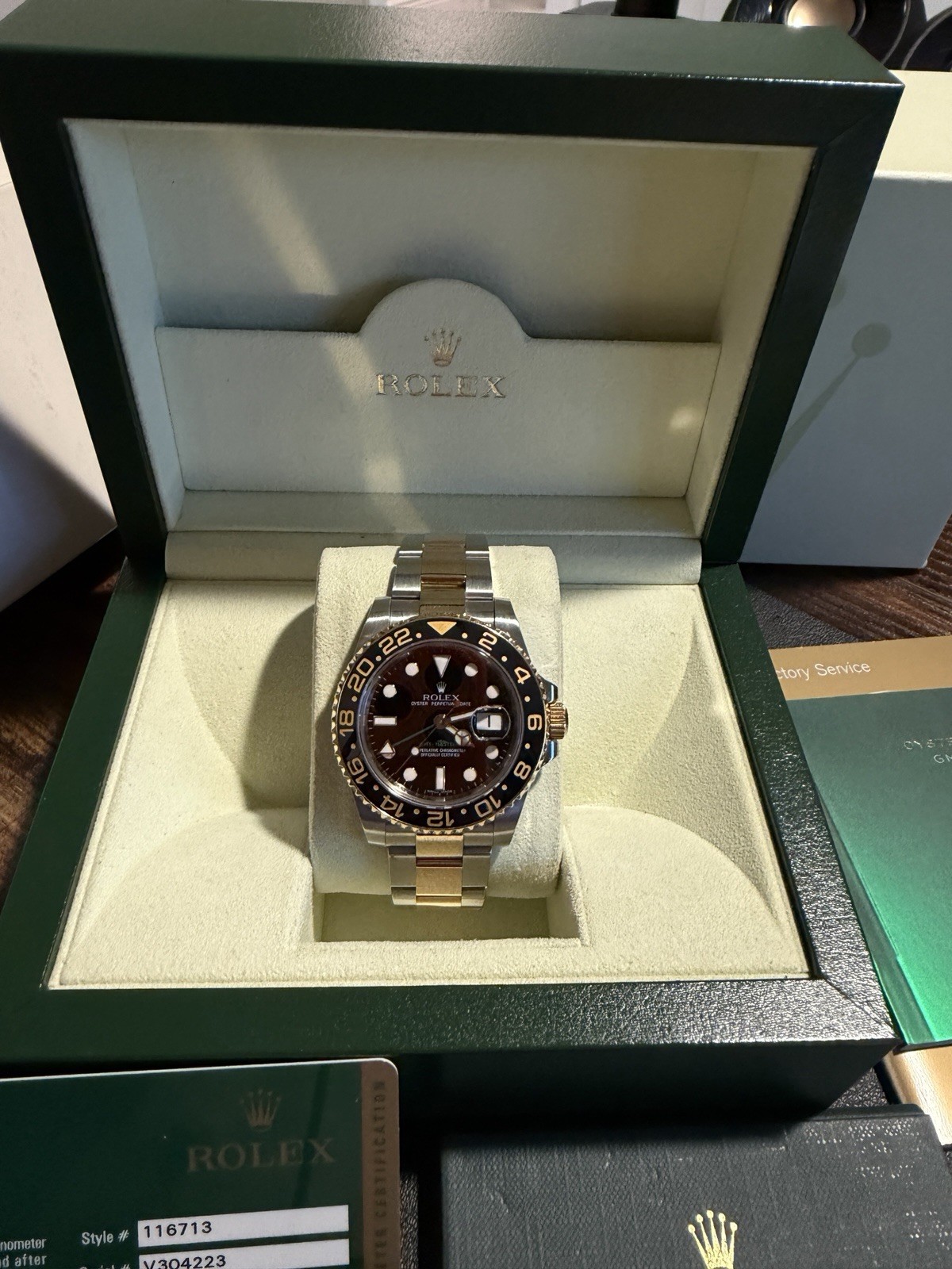 Rolex GMT-Master II Ceramic 116713LN Two Tone Yellow Gold Steel Box Papers