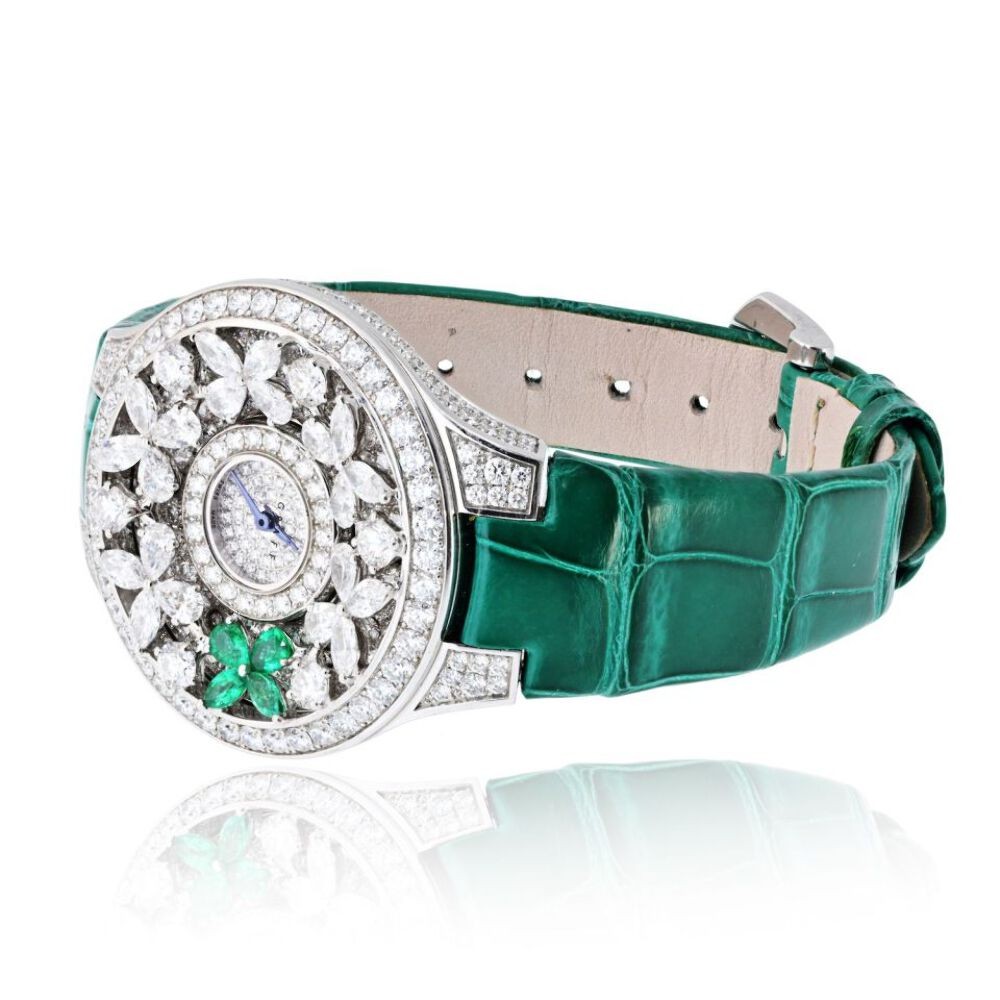Graff 18K White Gold Butterfly Green Emerald Limited Edition 32mm Dial Watch