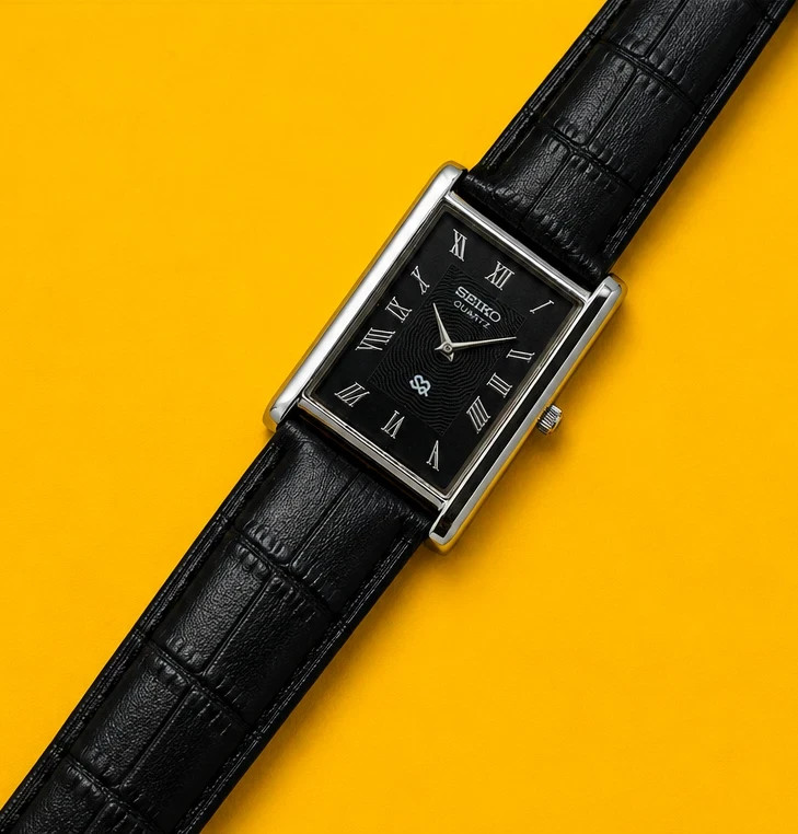 Vintage Refurbished Seiko Quartz Rectangular Black Dial Black Faux Leather Strap