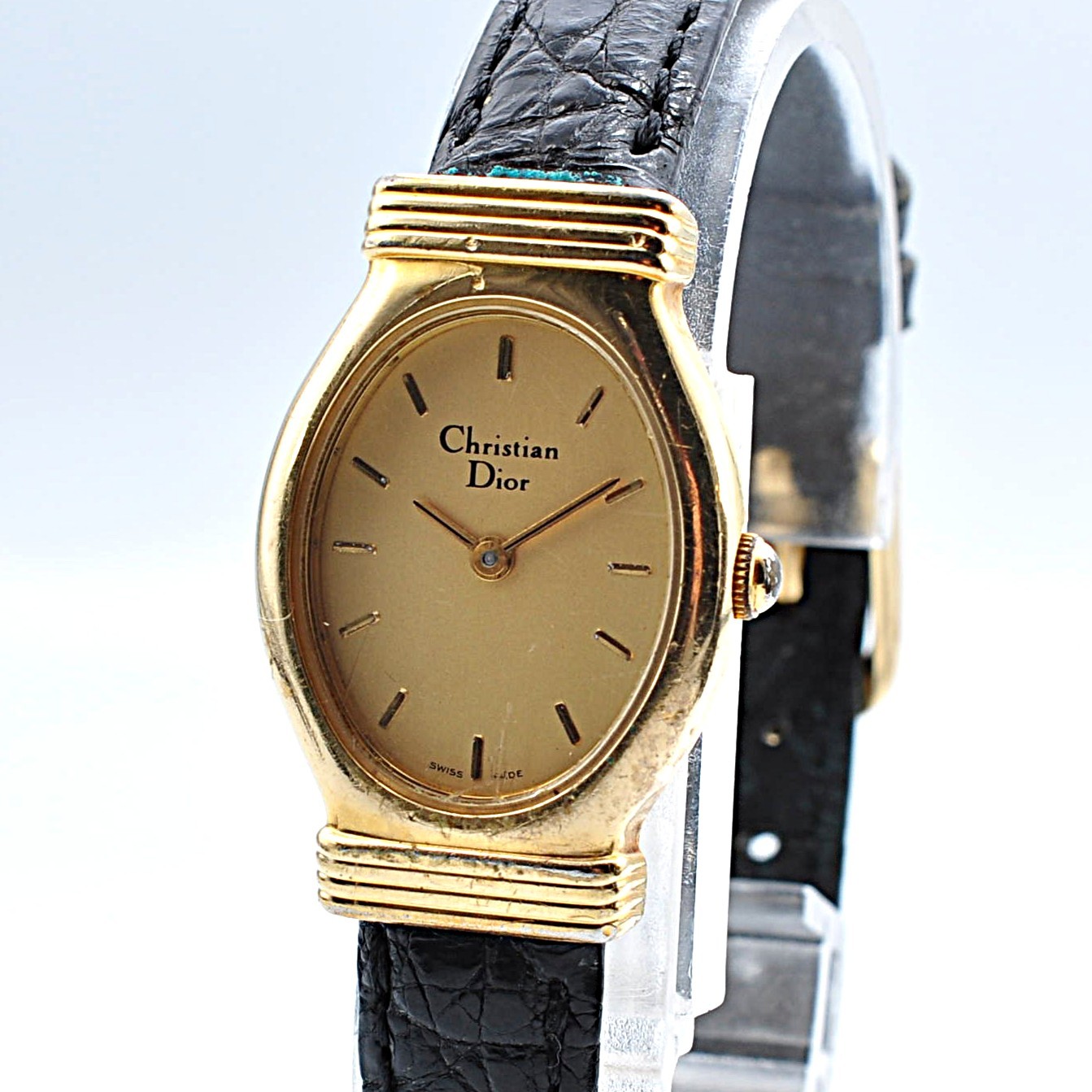 Christian Dior 3009 Watch Women Gold Tone Oval Dial Black Leather Auth w-1354