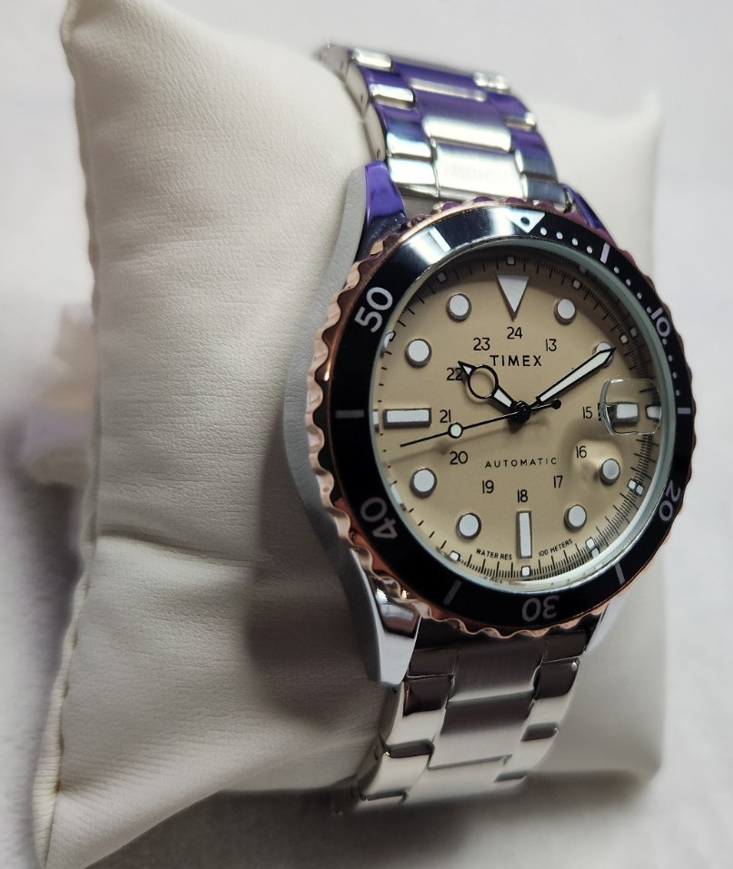 Stunning Timex Automatic Dive Watch 41mm Tan Dial Rotating Bezel Glass Caseback