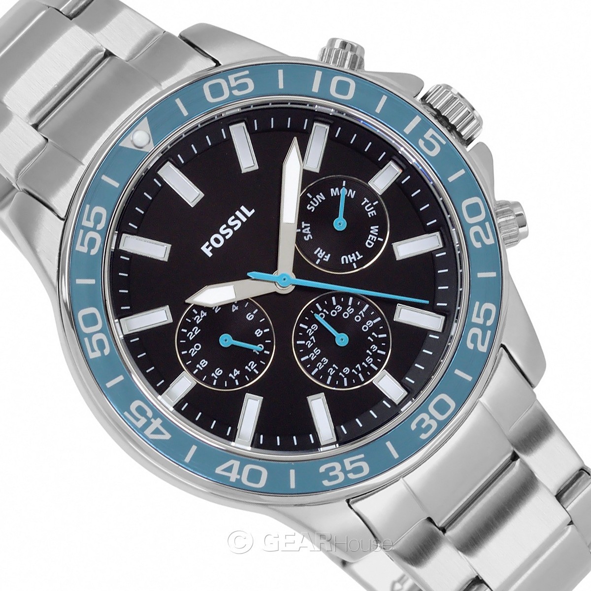 FOSSIL Bannon Mens Multifunction Watch, Black Blue Dial, Stainless Steel Band