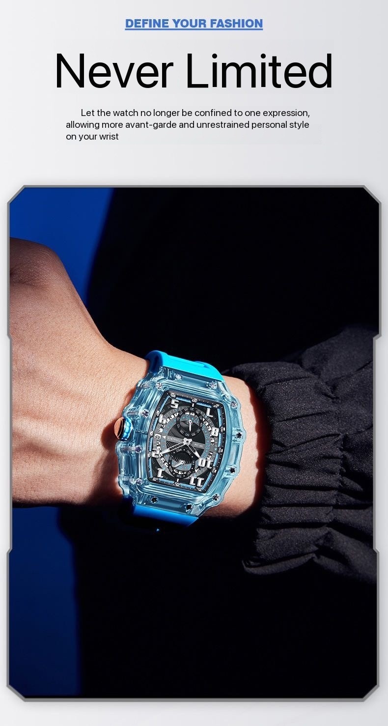 Fashion Luxury Barrel Shape Skeleton Watch Men’s Quartz Sport Watch Rubber Band