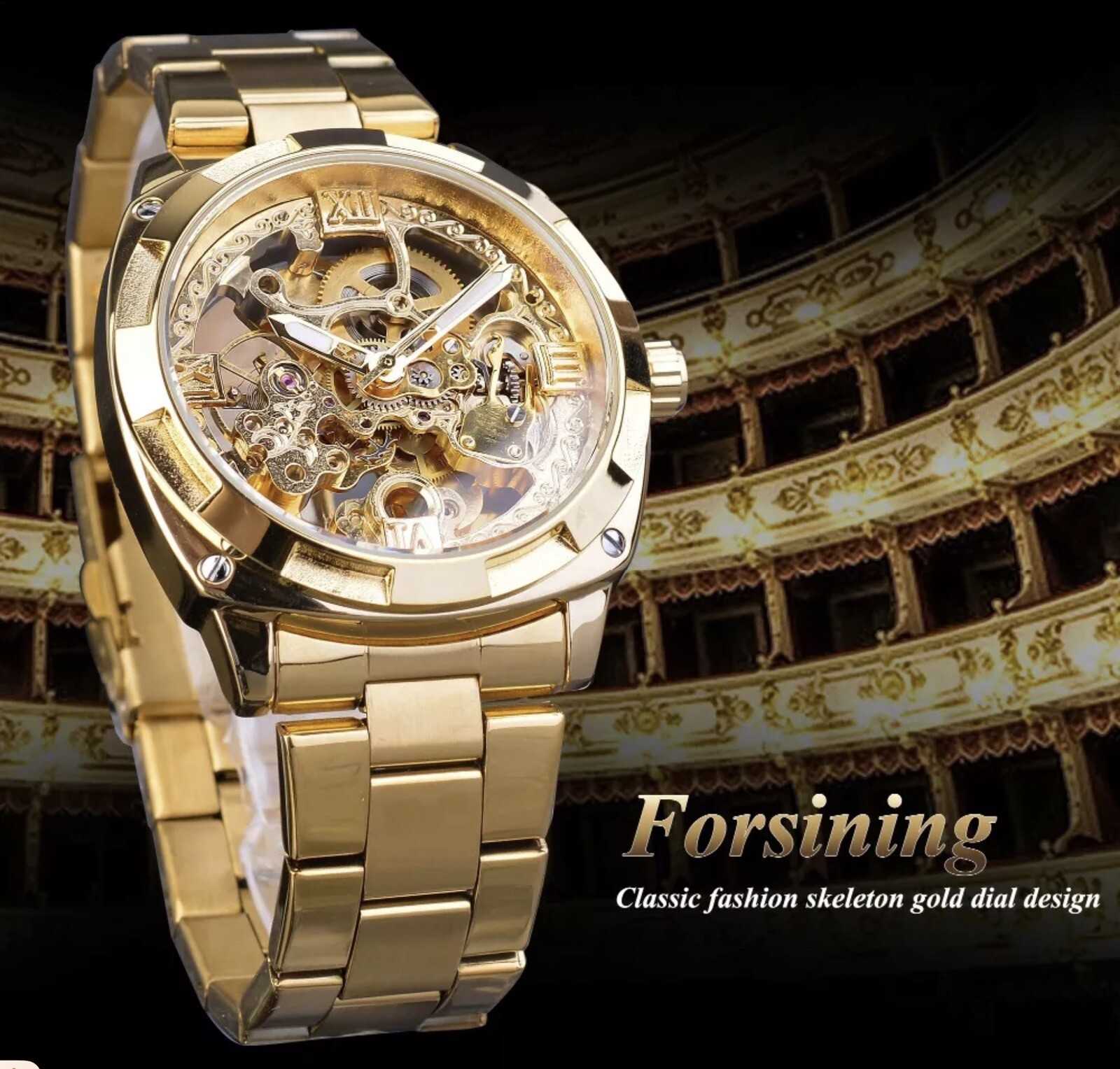 Forsining Mens Skeleton Mechanical Waterproof Luxury Watch Gold Gift Idea