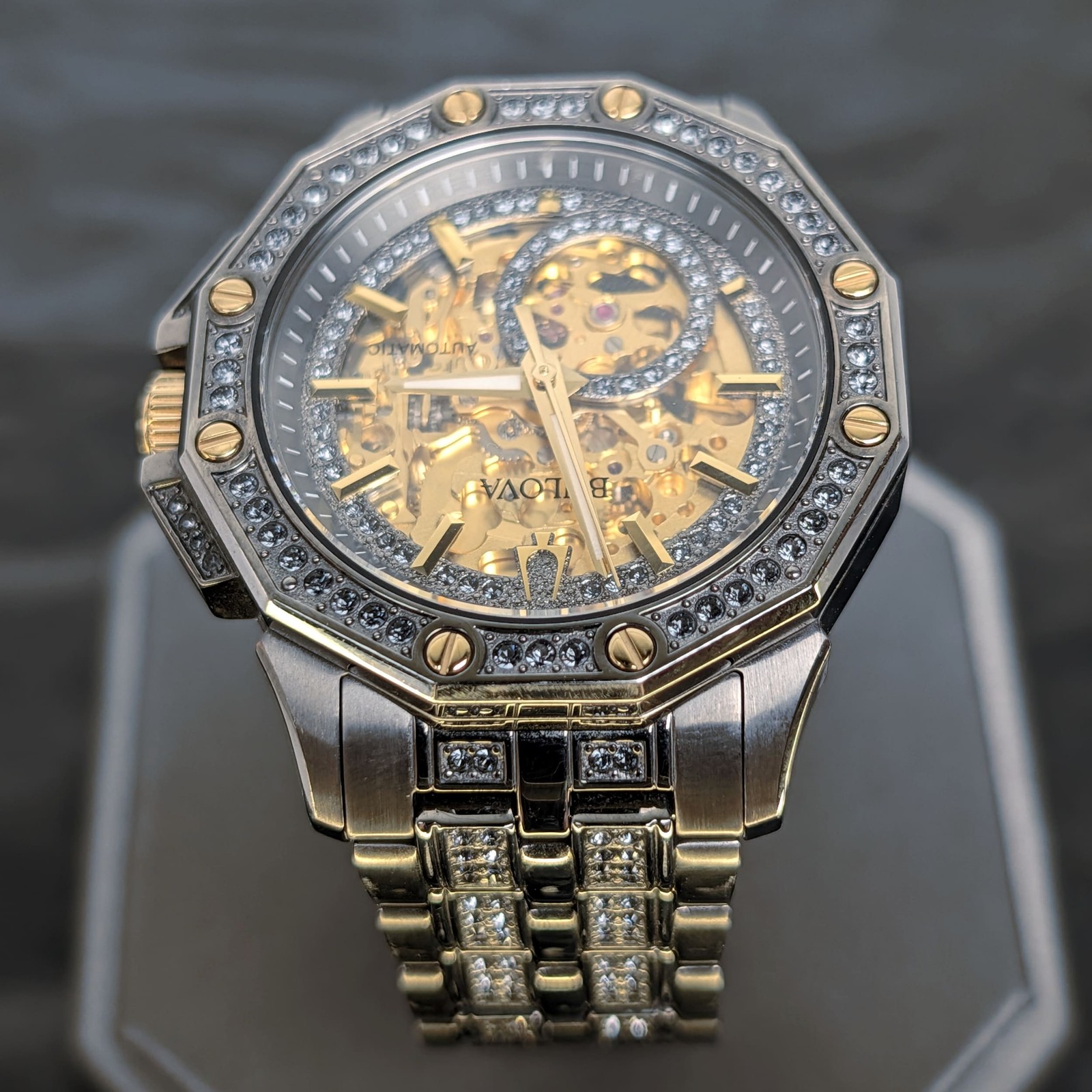 Bulova Octava 98A293 Men’s Automatic Skeleton Crystal Collection Gray Watch