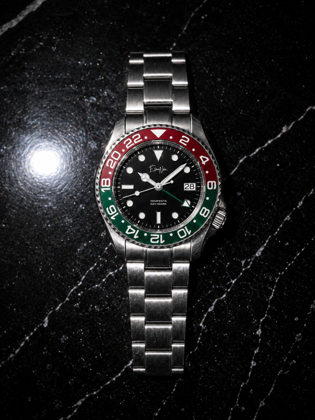 Men’s Automatic Dual Time Watch 41mm Red Green Bezel Black Dial Stainless Steel
