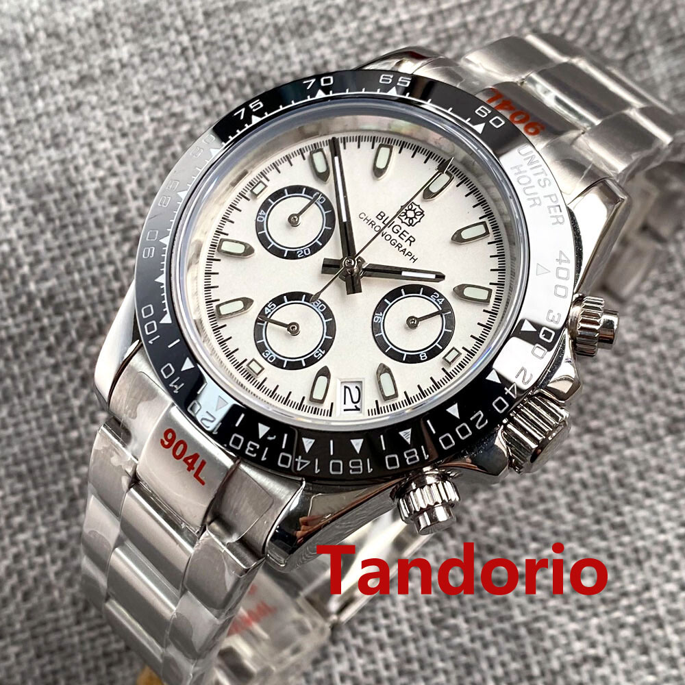 40mm Bliger VK63 Quartz Full Functional Chronograph Mens Watch Folding Clasp